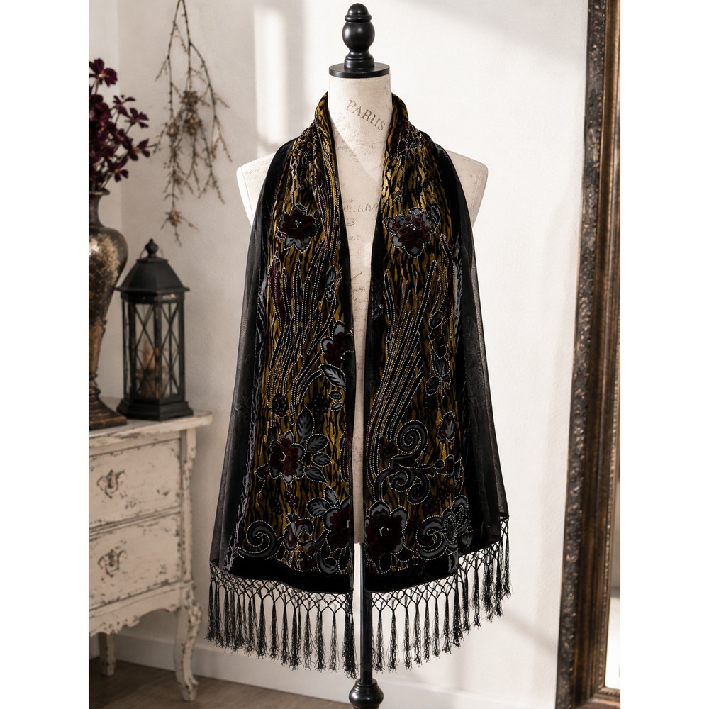 Velvet Burnout Silk Scarf Whimsigoth Beaded Fringe Boho Artsy Steampunk Romantic
